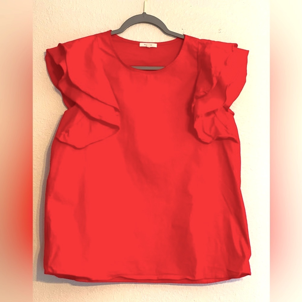 Pleione Women’s Double Ruffles Short Sleeves Red Blouse. Size L. SKU 261